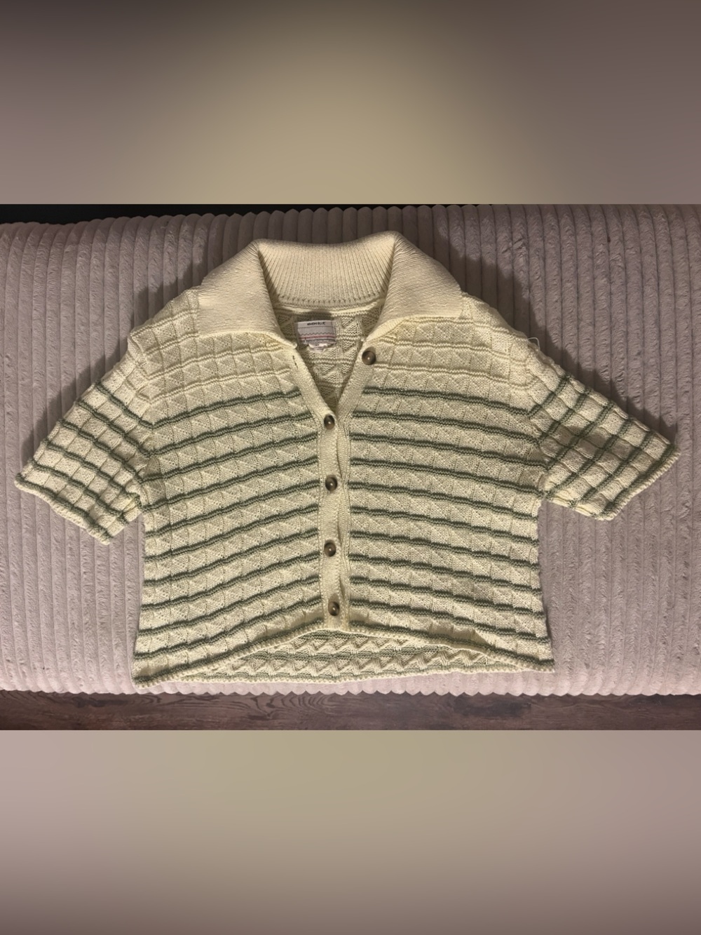 Kimchi Blue Pale Yellow Short-Sleeve Knit Cardigan with Green Stripes